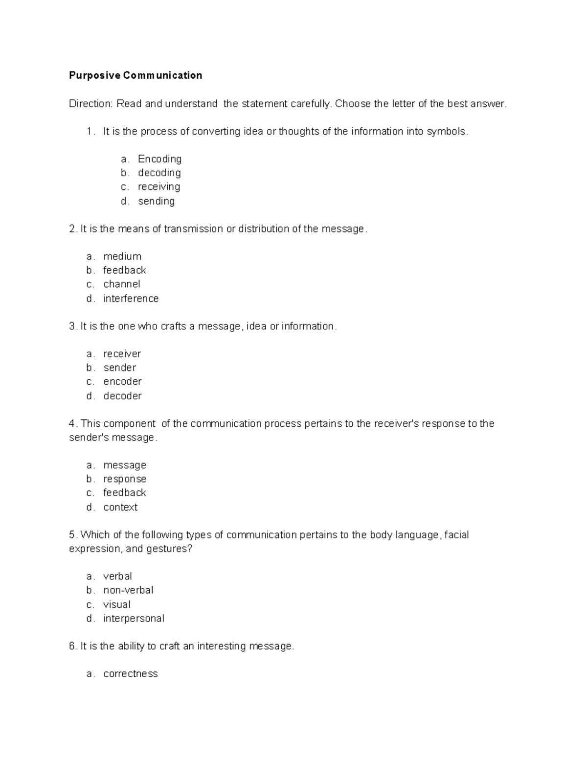 Short Quiz- Purposive Communication - Purposive Communication Direction ...