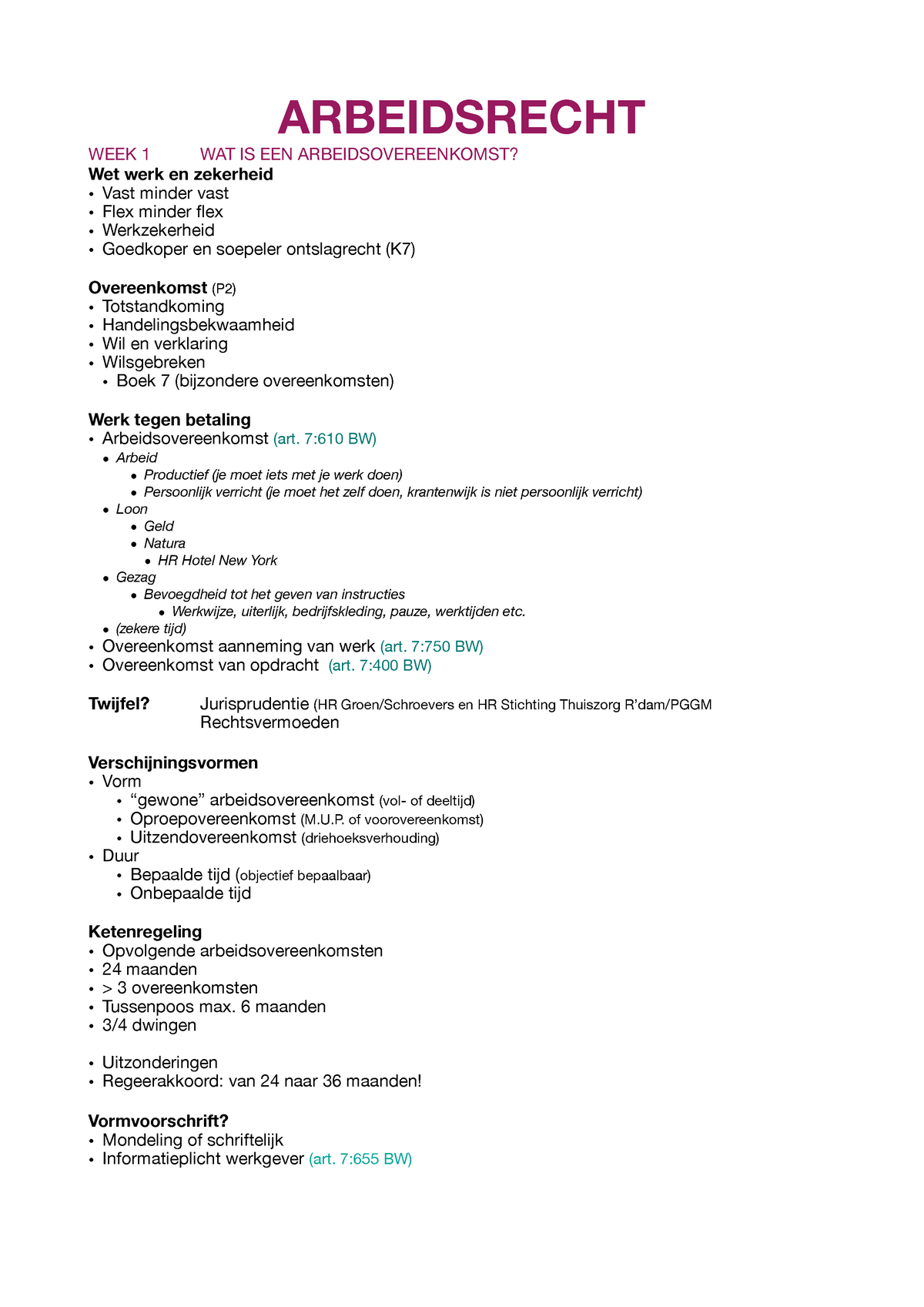 Arbeidsrecht HC 1 T/m 5 - ARBEIDSRECHT WEEK 1 WAT IS EEN ...