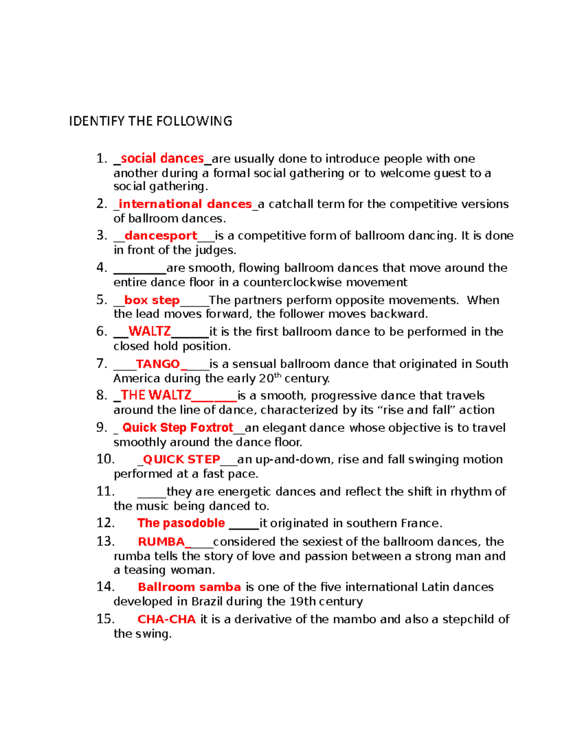 PE002TEST Social Dances IDENTIFY THE FOLLOWING 1. _ social dances