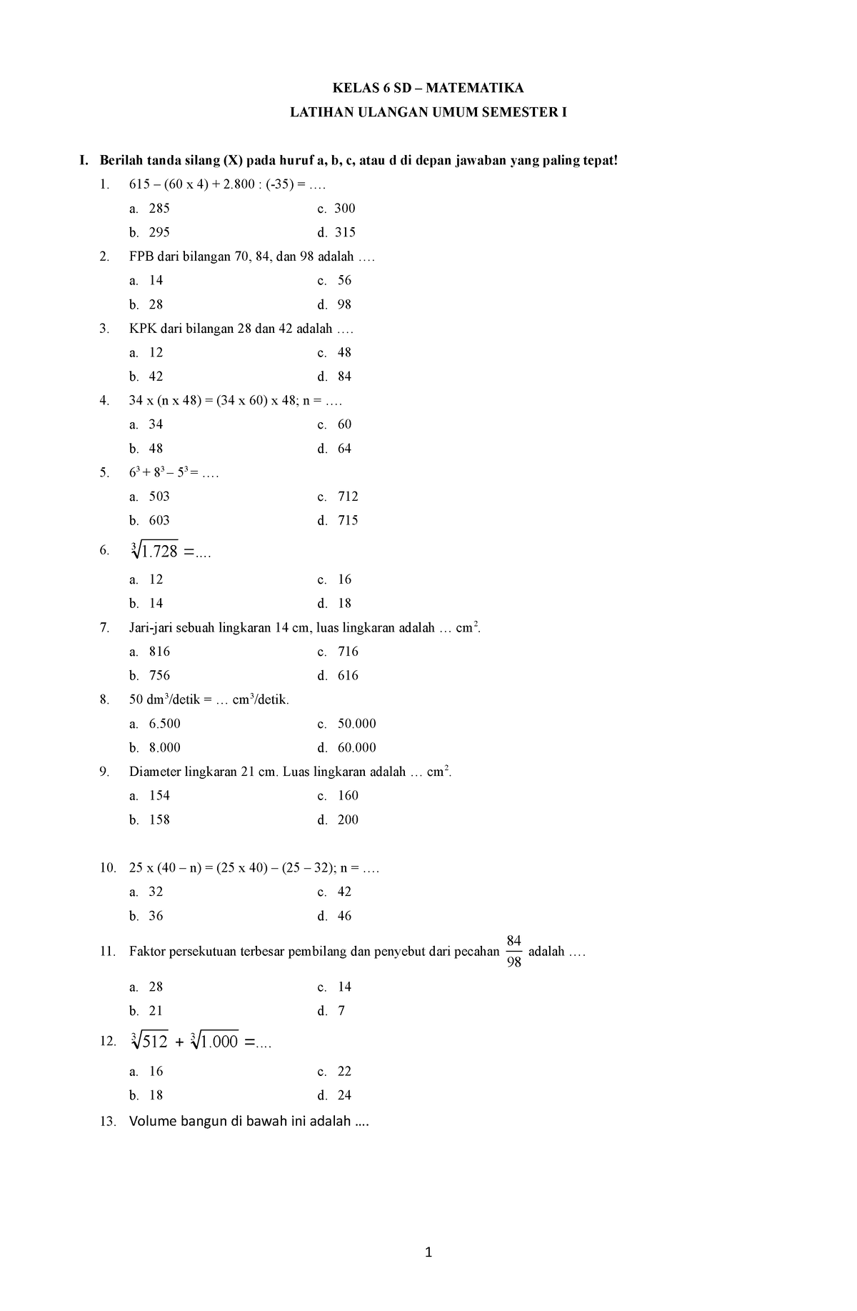 116476186 Soal Latihan Matematika Sd Kelas 6 Kelas 6 Sd Matematika Latihan Ulangan Umum 9586