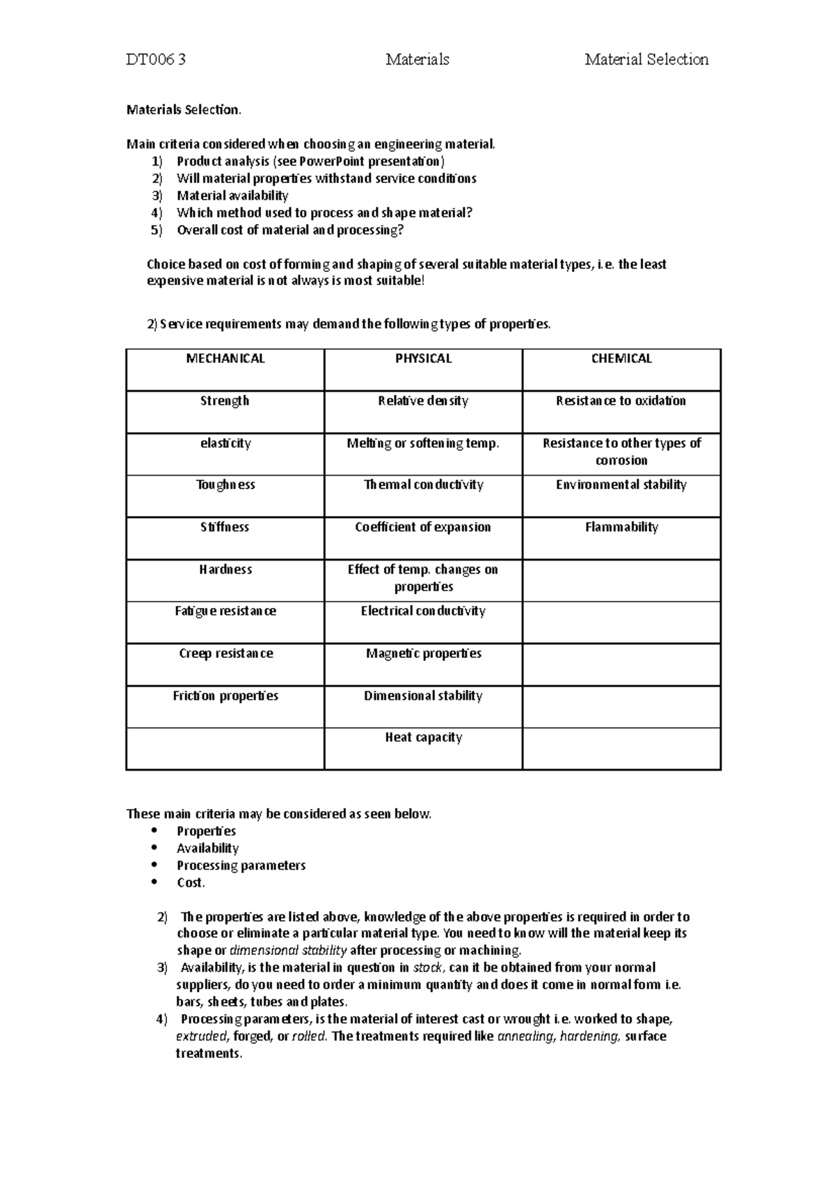 Materials Sem 2 Topic 4 Materials Selection - DT006 3 Materials ...