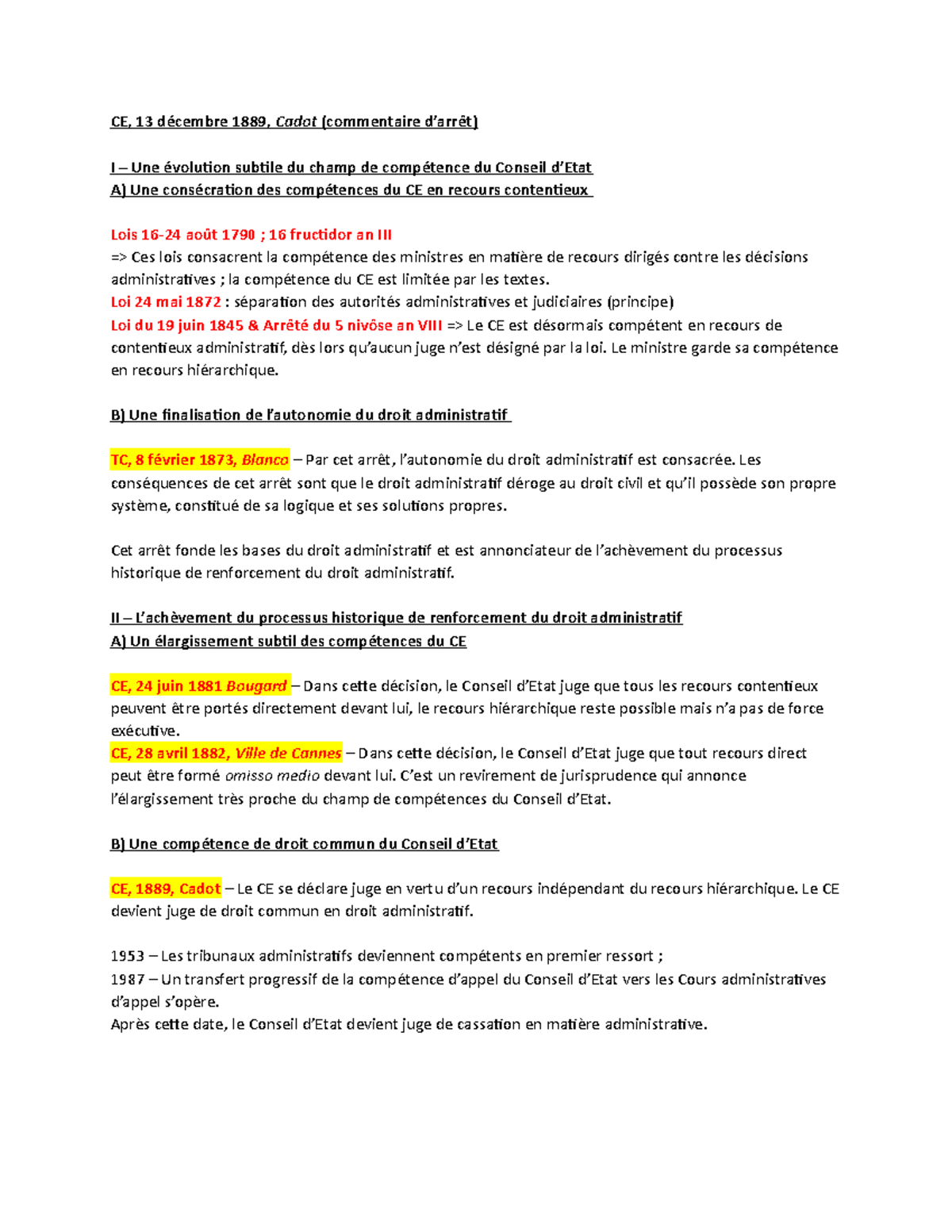 Arret Blanco Fiche D Arret Commentaire d'arrêt Cadot du 13 décembre 1889 Droit administratif II - CE,  13 décembre 1889, Cadot - Studocu