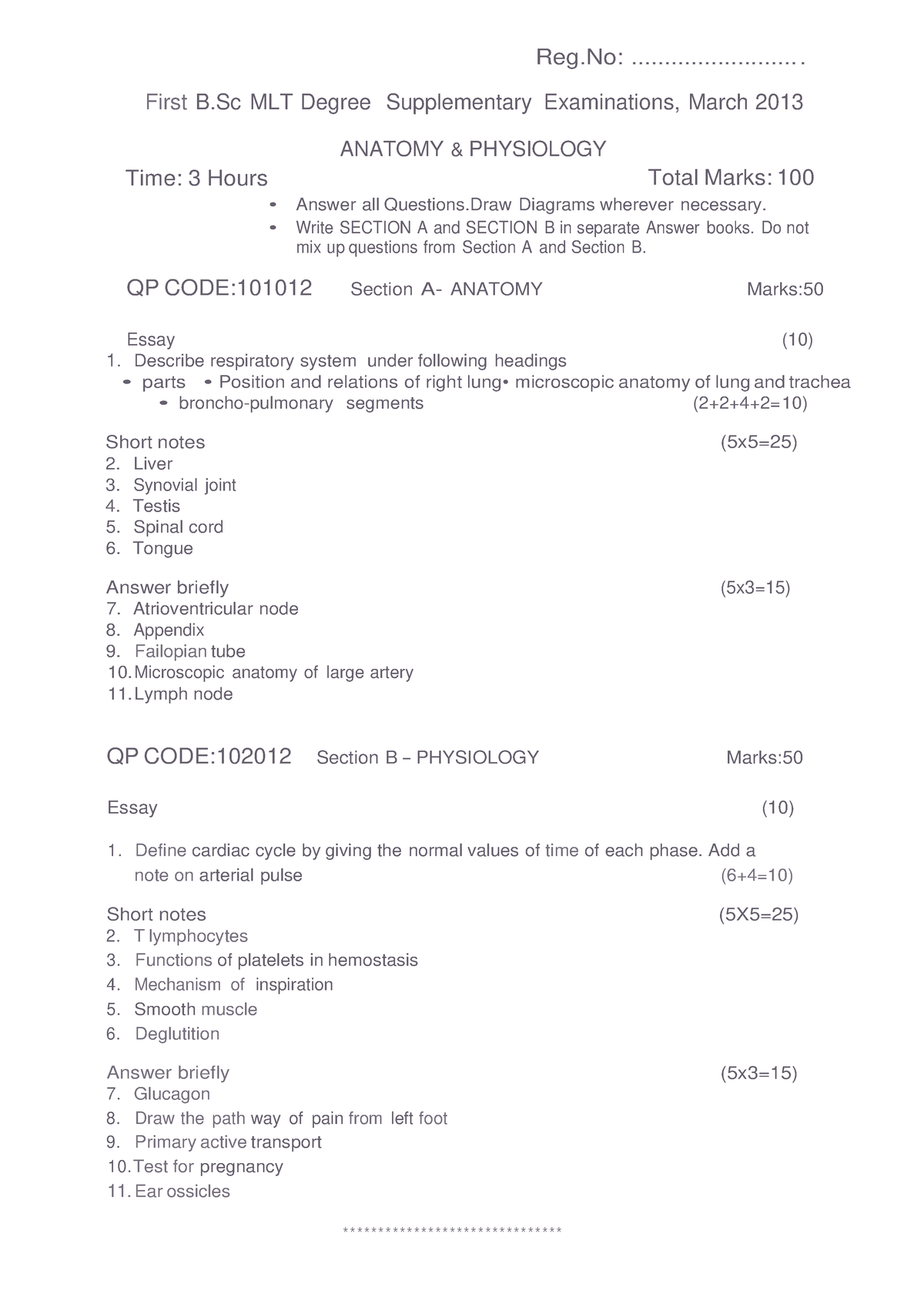 Kuhs first bsc mlt exam question paper march 2013 anatomy and