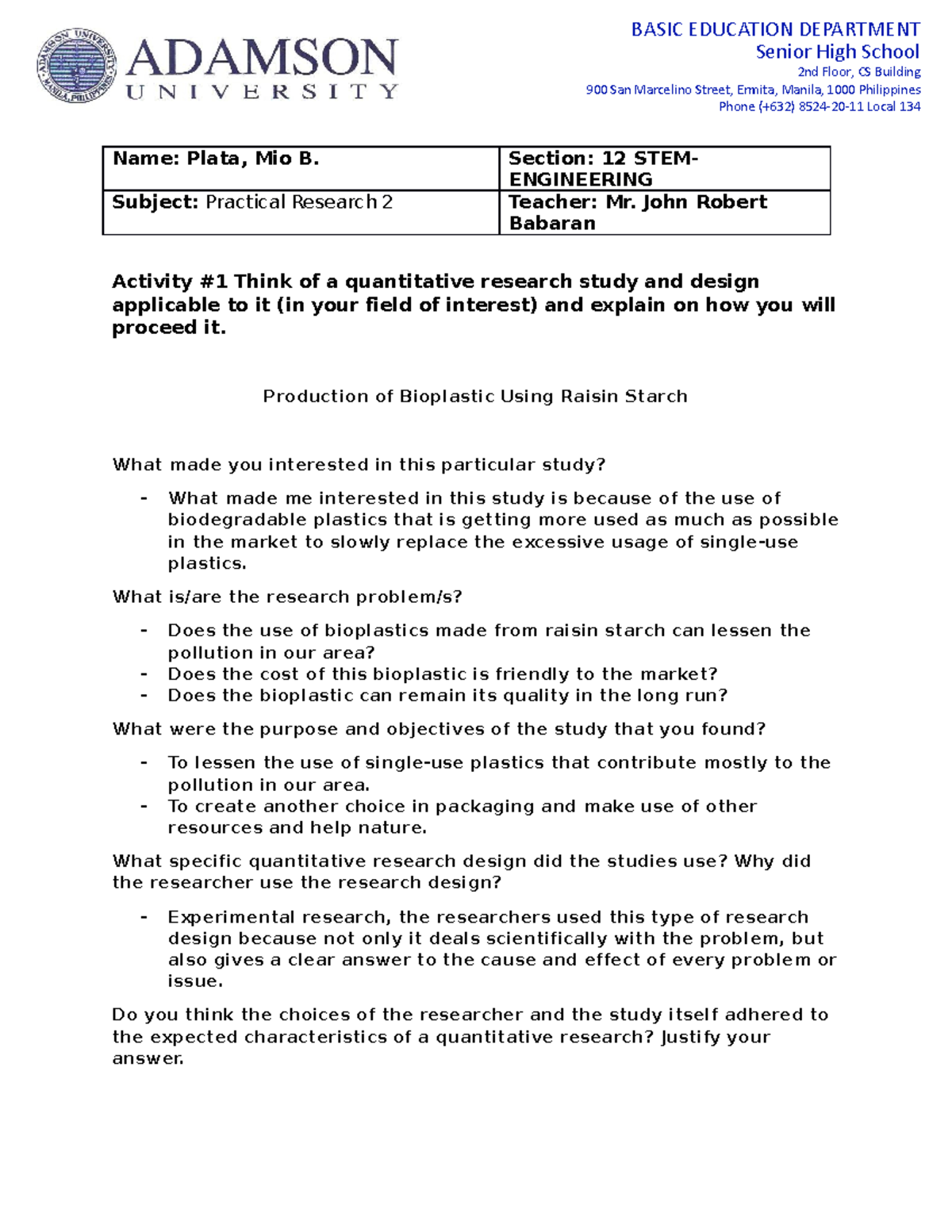 PR 2- Activity 1 Format - Name: Plata, Mio B. Section: 12 STEM ...