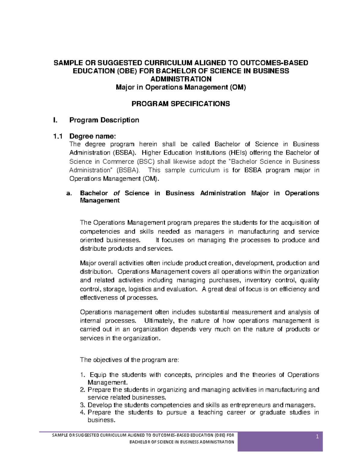 Sample Curricula Bachelor of Science in Business Administrat SAMPLE