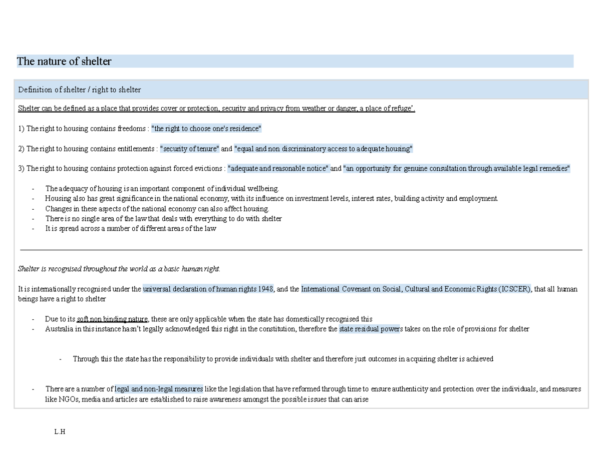 Shelter LCM legal study notes The nature of shelter Definition of