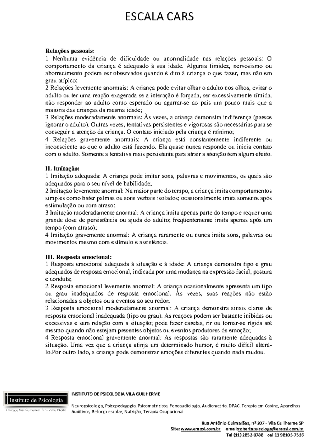 Escalacarsip - ESCALA CARS - INSTITUTO DE PSICOLOGIA VILA GUILHERME ...
