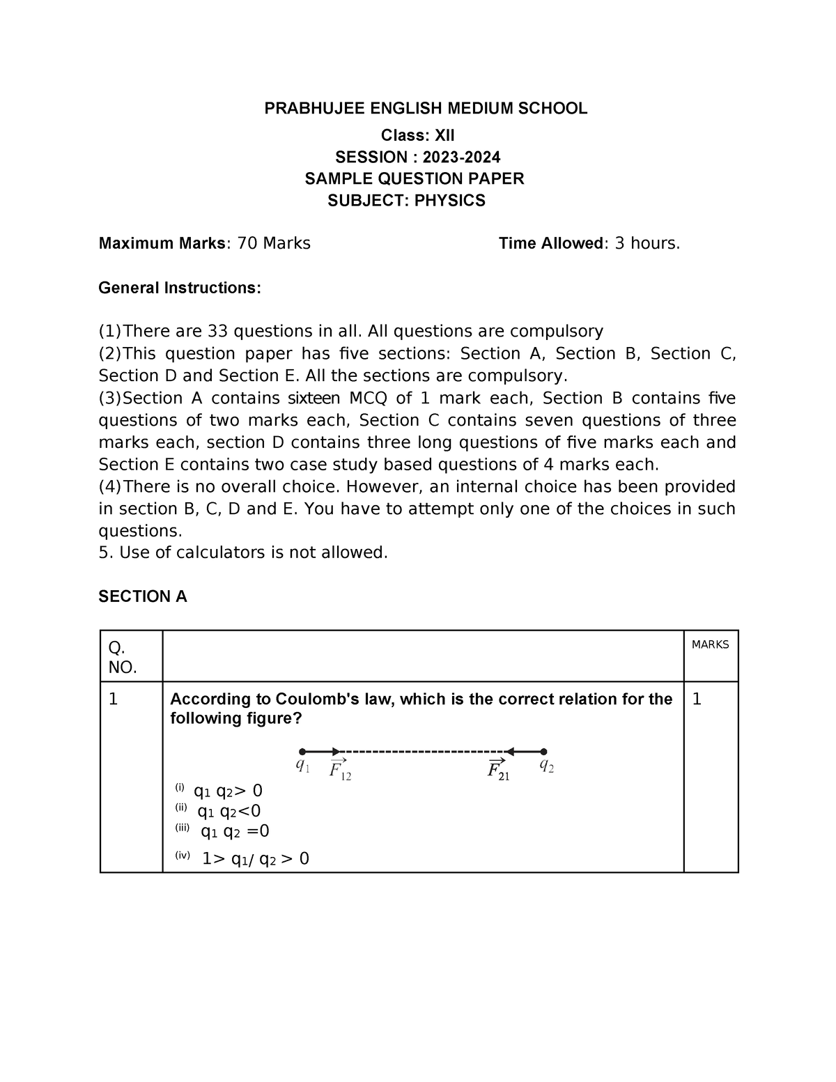 Physics Sqp 1 - Pyq - Prabhujee English Medium School Class: Xii 