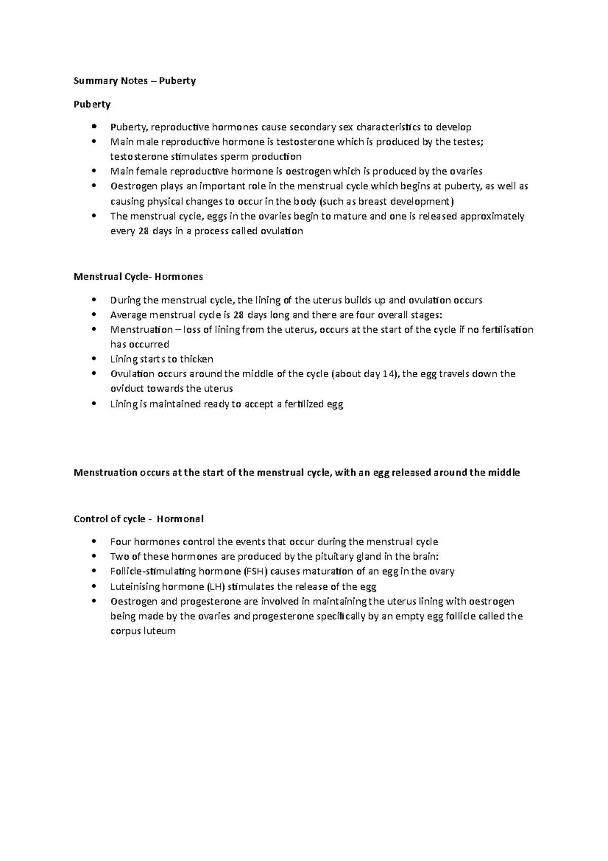 Summary Notes - Human Reproduction - Summary Notes – Puberty Puberty P ...