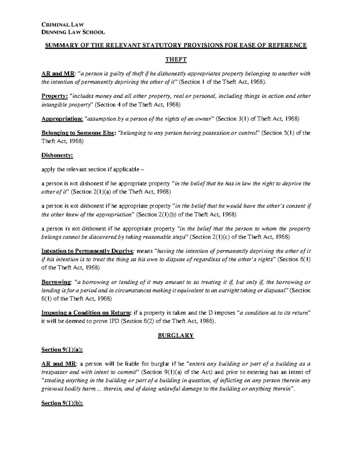 Summary of Sections Criminal Law DENNING LAW SCHOOL SUMMARY OF THE