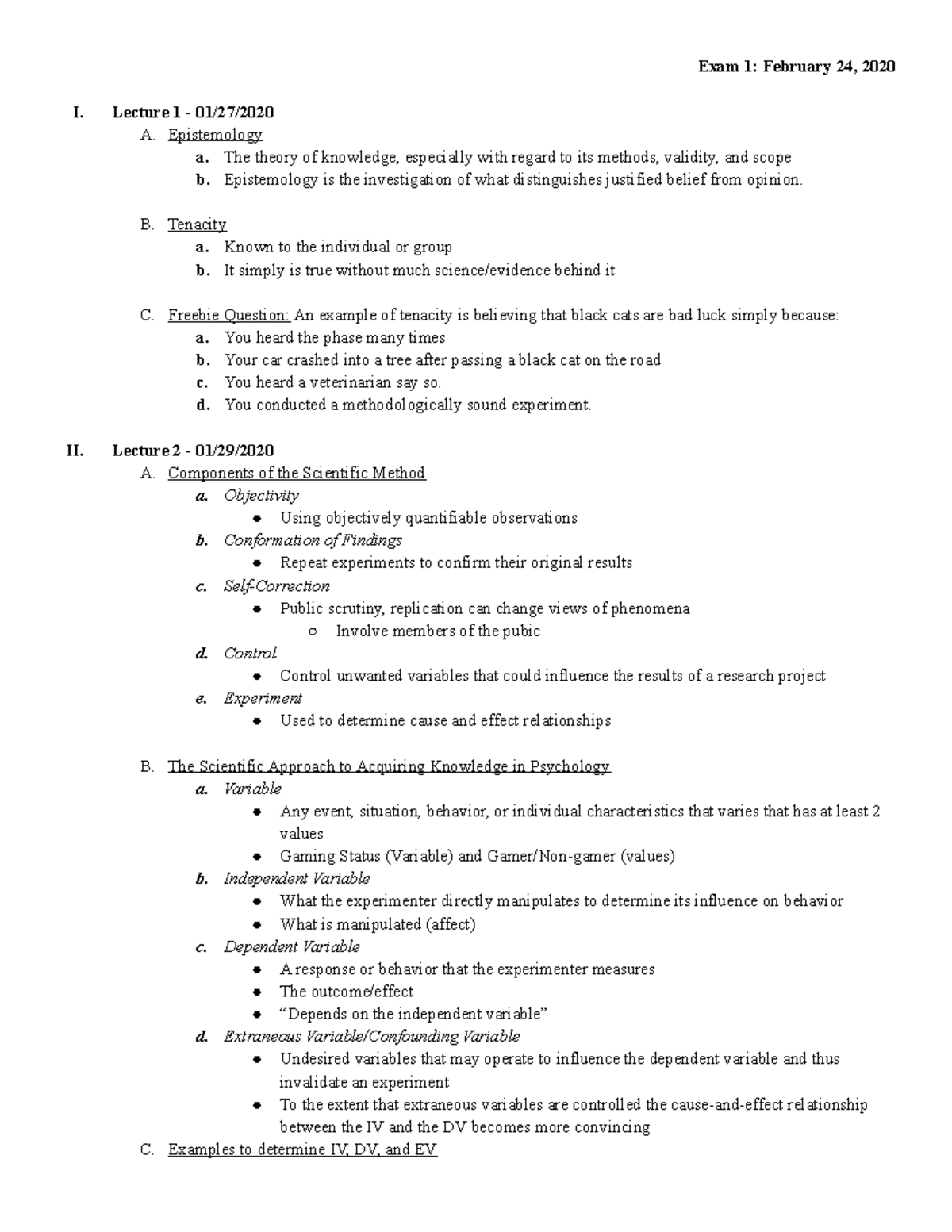 Exam 1 - Lectures for Exam 1 - Exam 1: February 24, 2020 I. Lecture 1 ...