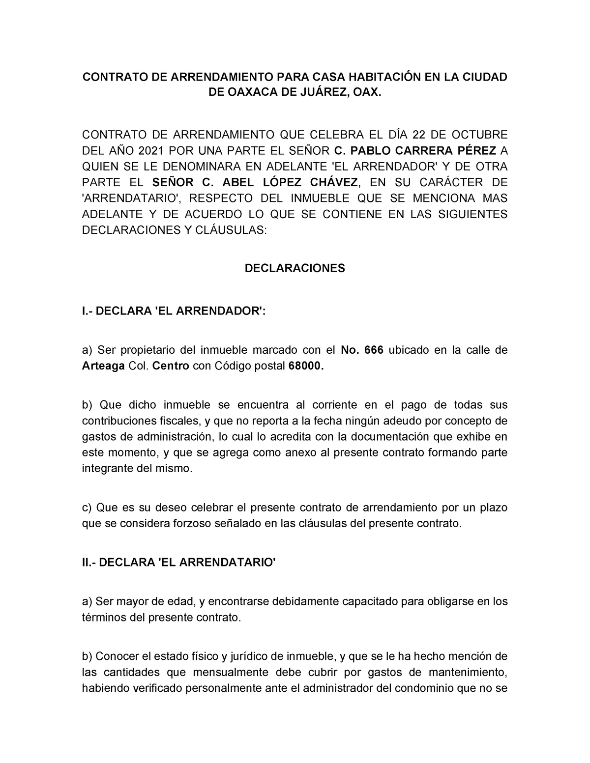Contrato De Arrendamiento Para Casa Habitación En La Ciudad De Oaxaca De Juárez Contrato De 8446