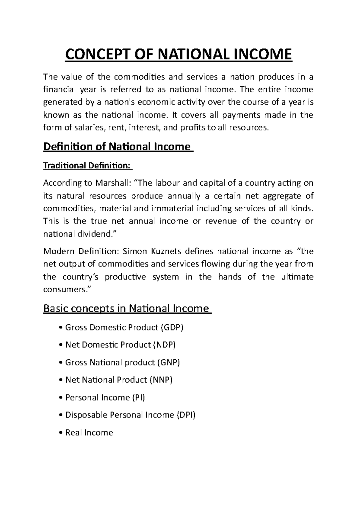 Indian Economy National CONCEPT OF NATIONAL The value