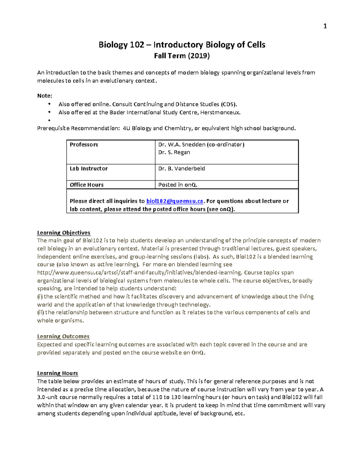Biol102 Syllabus 2019 Final Biology 102 Introductory Biology Of