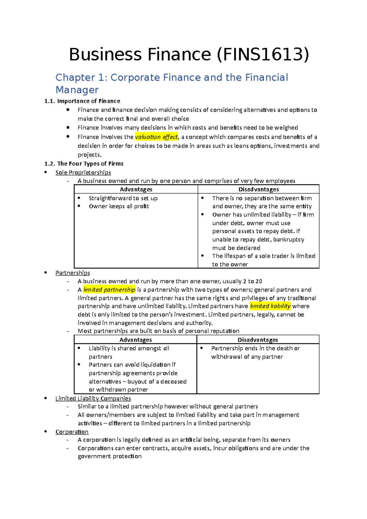 Business Finance Notes Business Finance Fins1613 Chapter 1 Corporate Finance And The