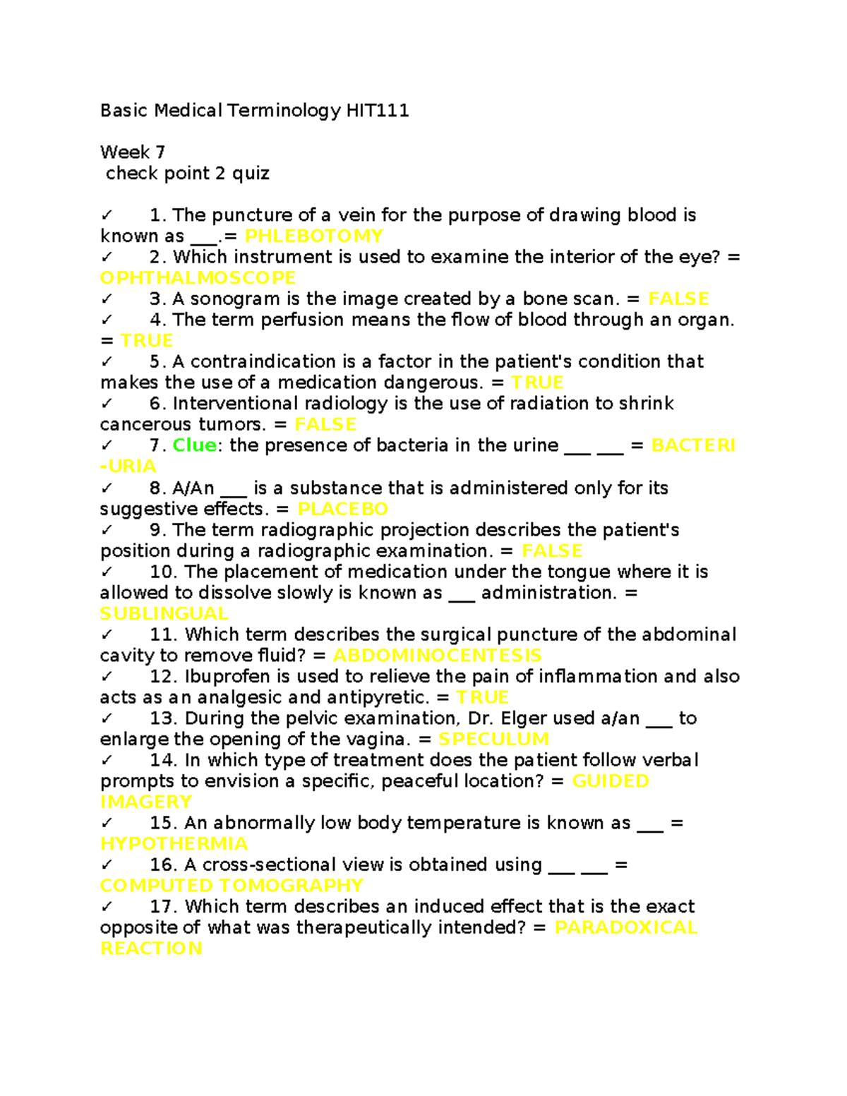 Basic Medical Terminology HIT111 Week 7 check point 2 quiz - The ...