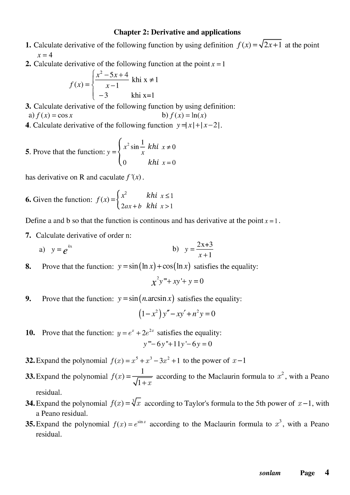 Calculus Excercises Derivative And Applications - Chapter 2: Derivative ...