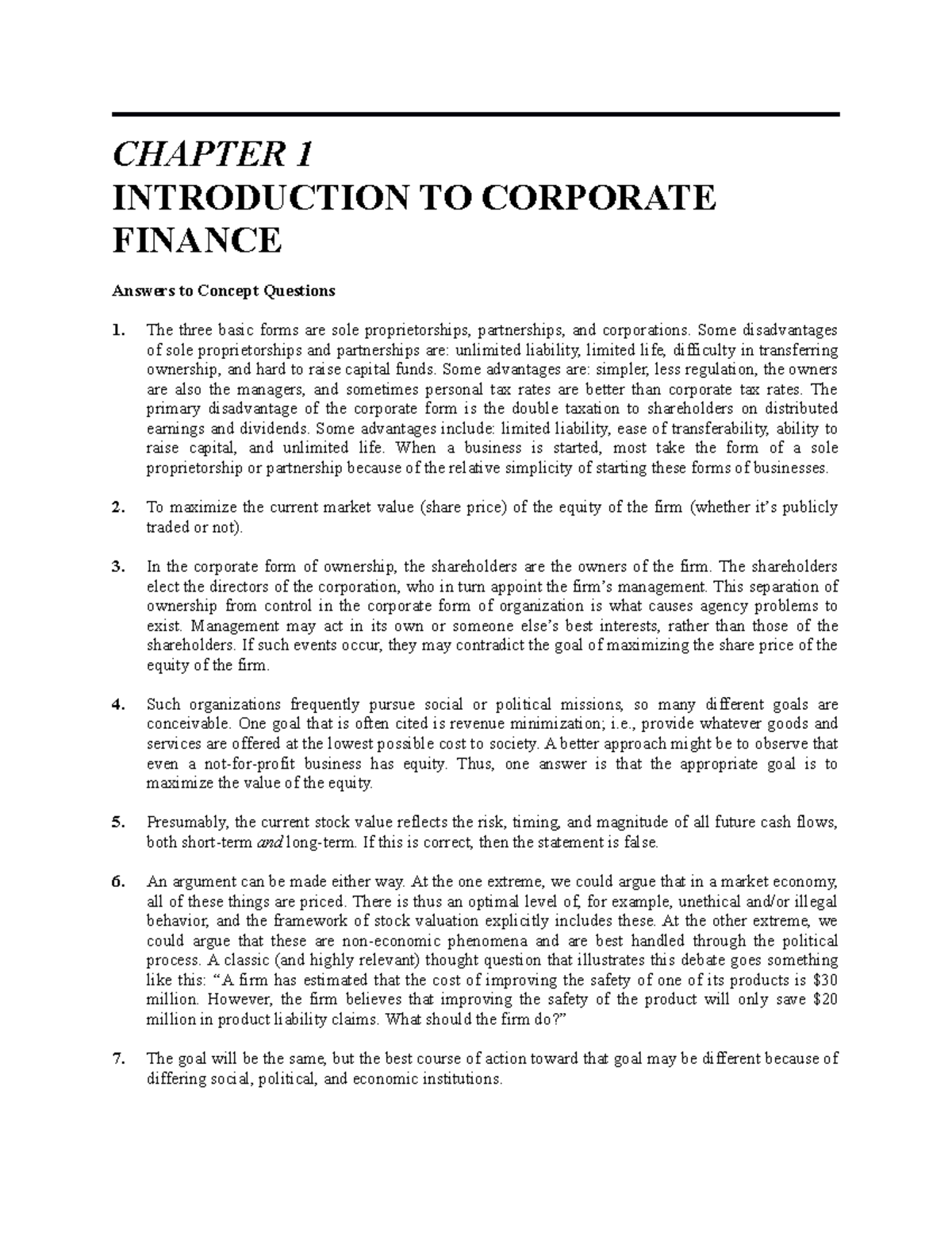 Chapter 1 - CHAPTER 1 INTRODUCTION TO CORPORATE FINANCE Answers to ...
