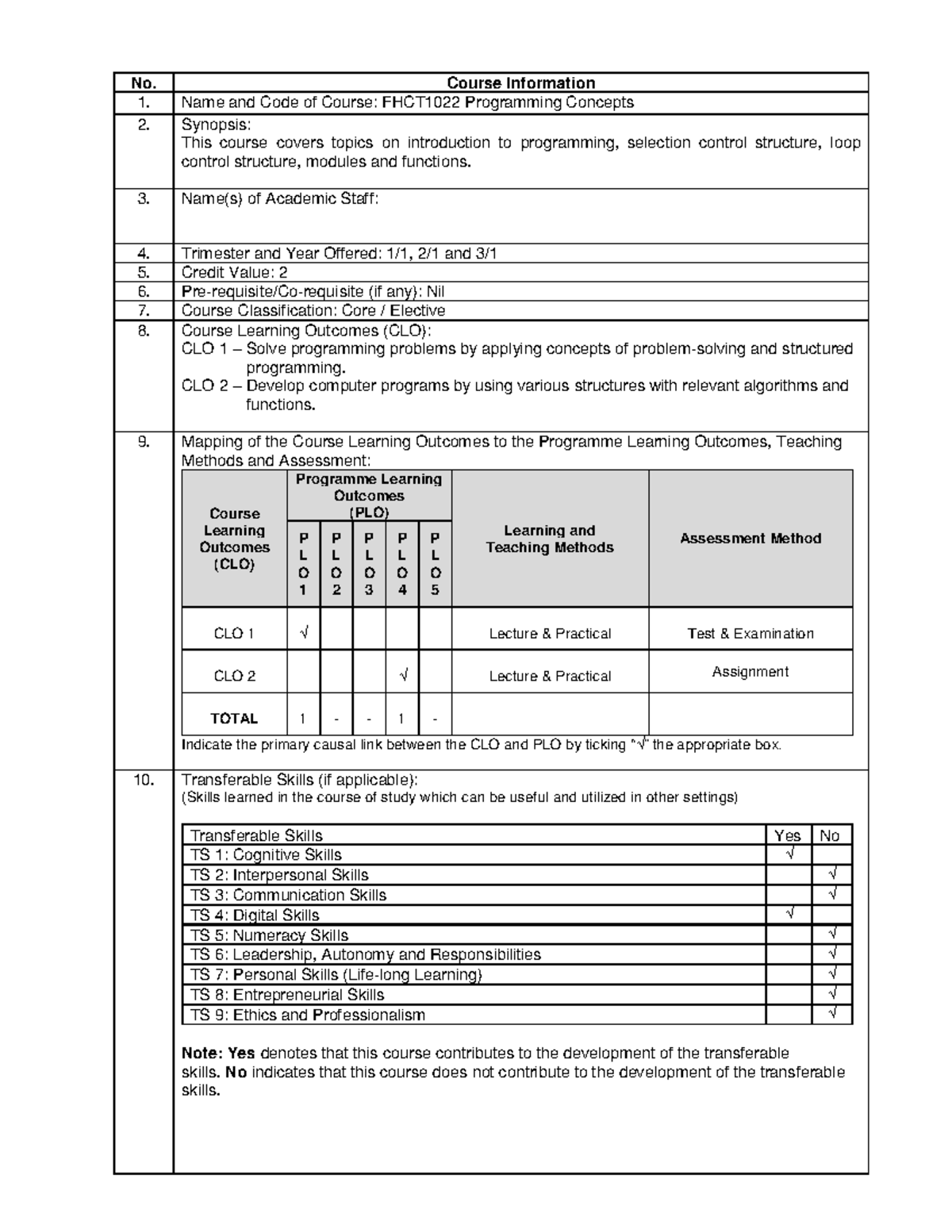 FHCT1022 - Fhct - No. Course Information 1. Name and Code of Course ...