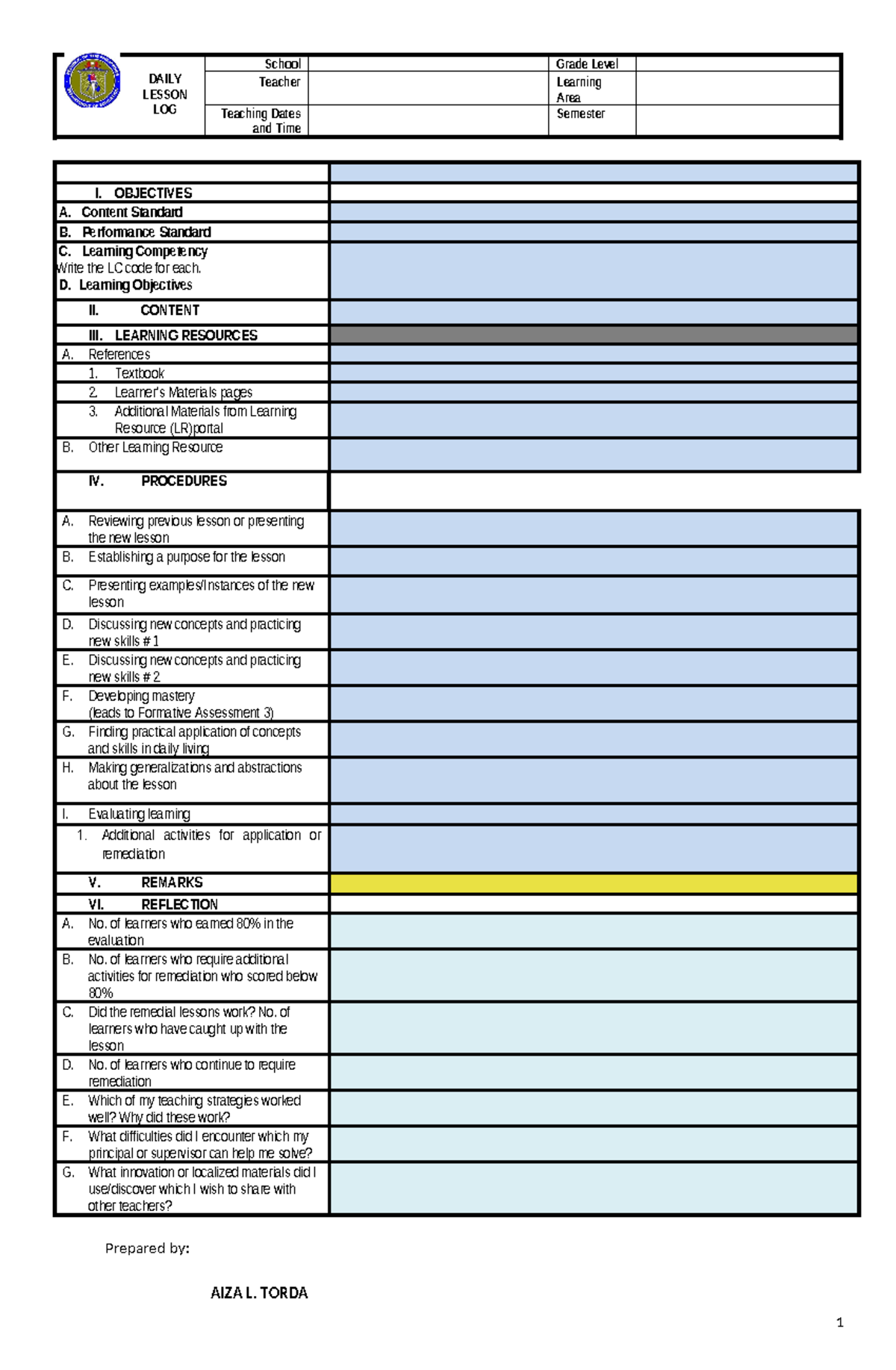 7E's Blank Format - DAILY LESSON LOG School Grade Level Teacher ...