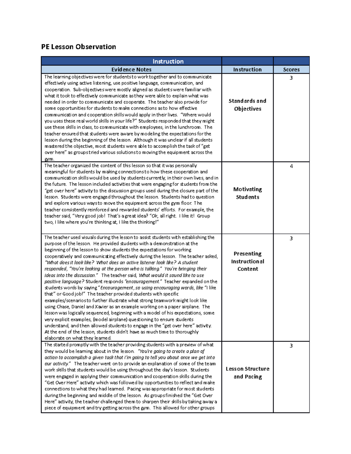 Pe-lesson-observation - PE Lesson Observation Instruction Evidence ...