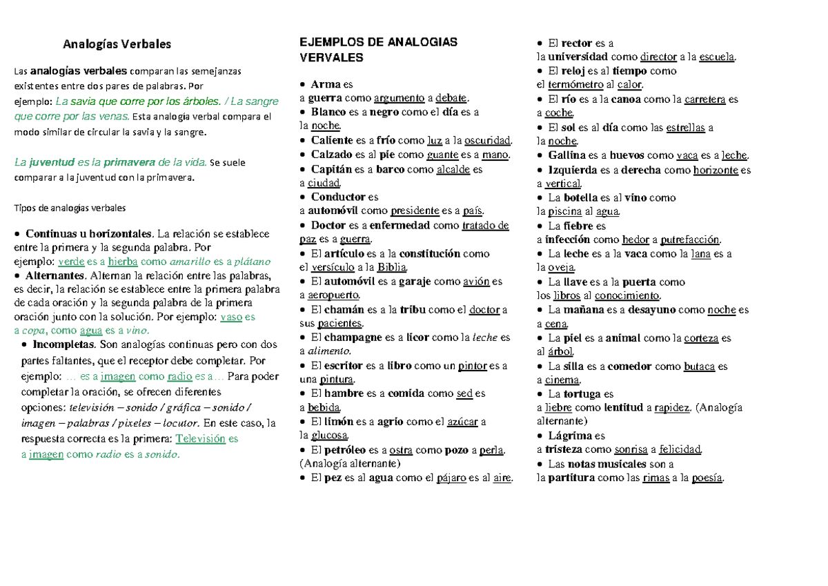 Analogías Verbales - Apoyo - Analogías Verbales Las analogías verbales