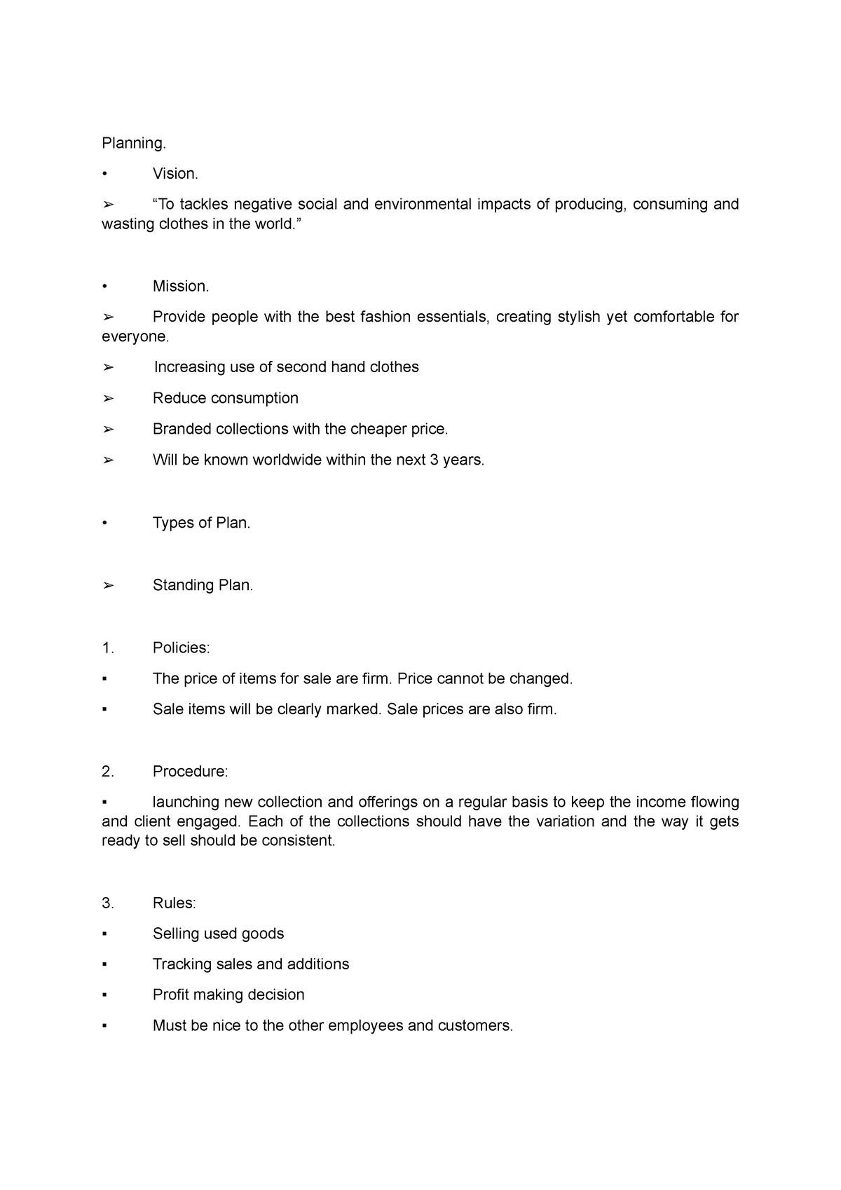 MGT162 PLANNING POINTS FOR GROUP ASSIGMENT - Planning. Vision. “To ...