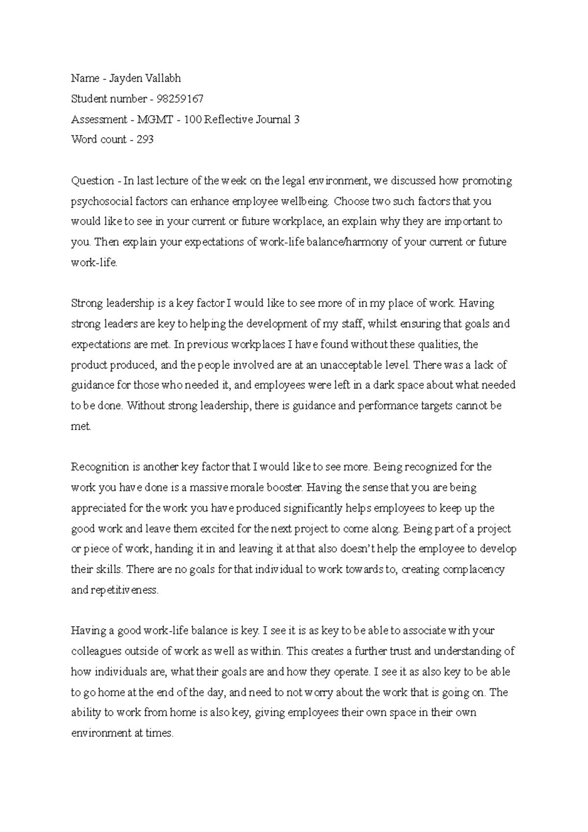 RJ 3 - REFLECTIVE JOURNAL - Name - Jayden Vallabh Student number ...