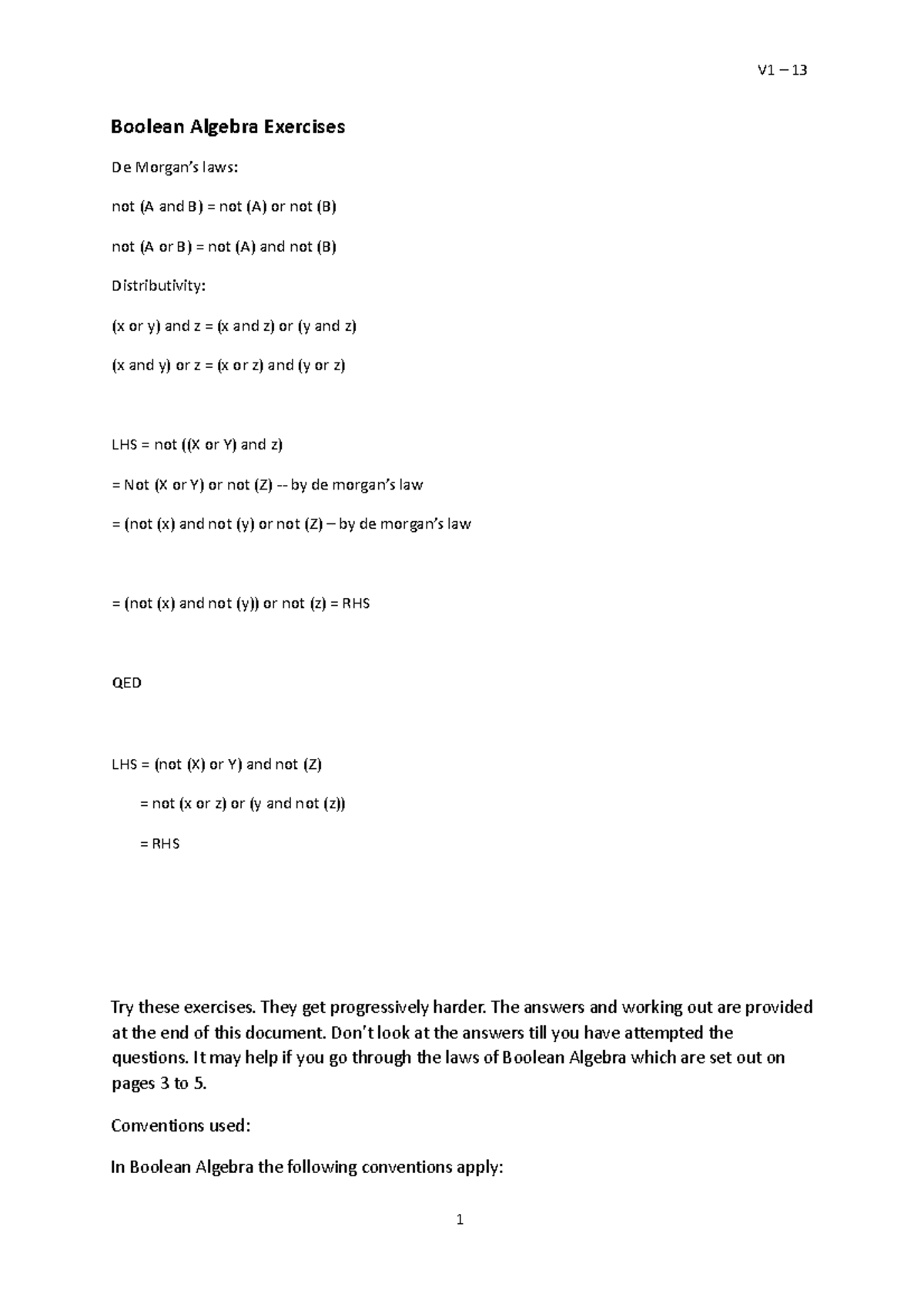 Boolean Algebra Exercises - They get progressively harder. The answers ...