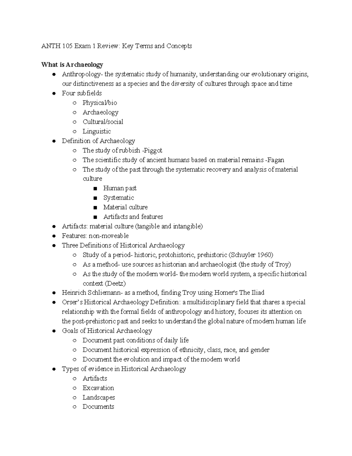 Exam 1 Review and Study Guide - ANTH 105 Exam 1 Review: Key Terms and ...