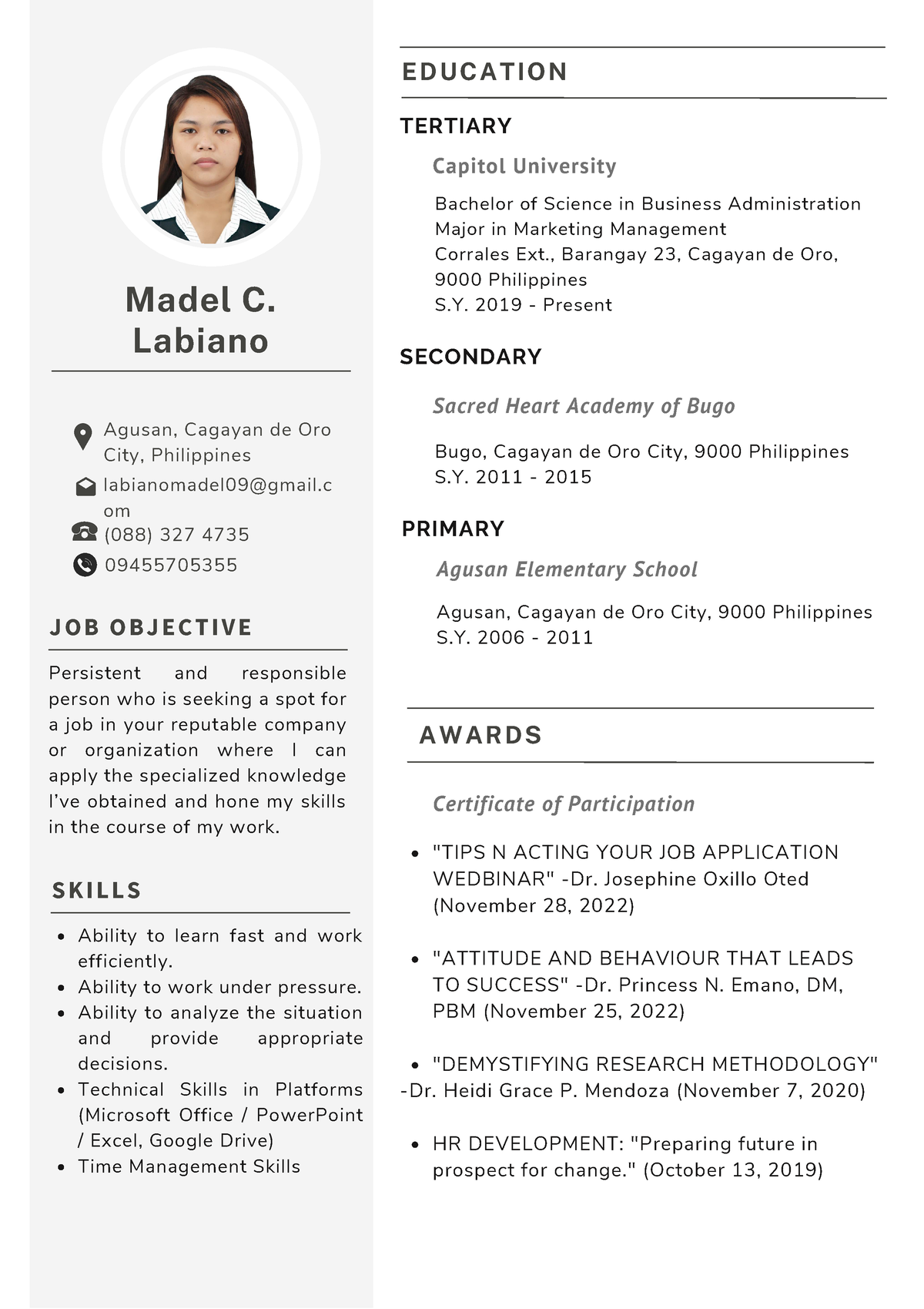 CV - Curriculum Vitae Example - Agusan, Cagayan de Oro City ...