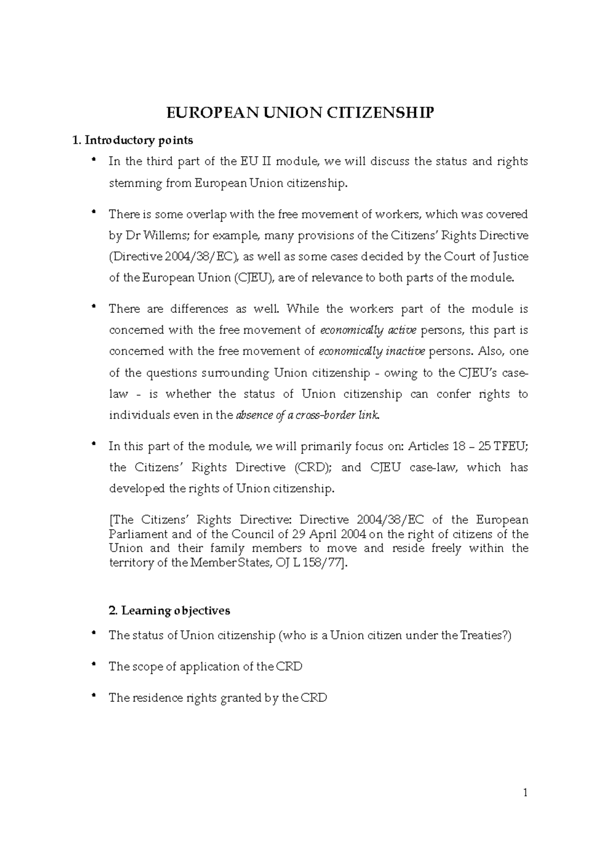 EU Citizenship Notes - EUROPEAN UNION CITIZENSHIP Introductory points ...