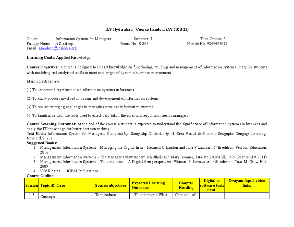 ISM Handout - IBS Hyderabad - Course Handout (AY 2020-21) Course ...