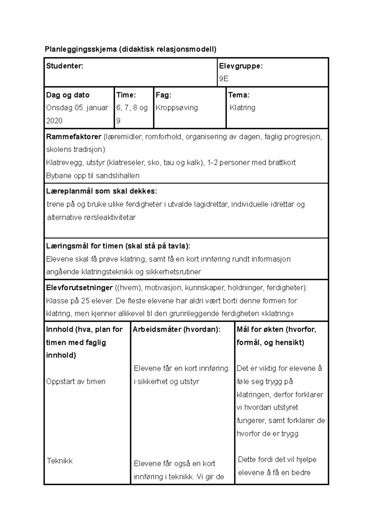 Klatring I Praksis 9. Trinn - Planleggingsskjema (didaktisk ...