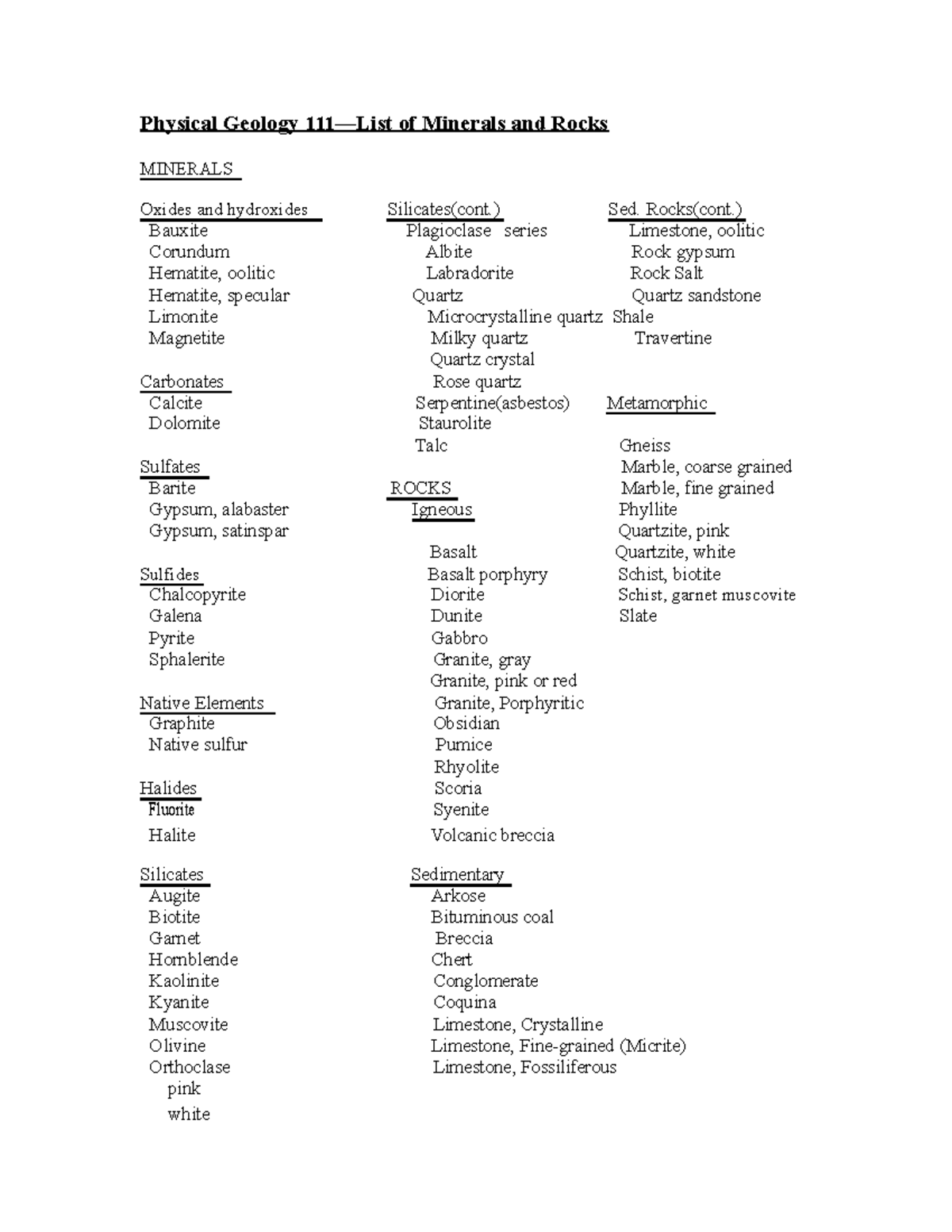 List of Minerals and Rocks - Physical Geology 111—List of Minerals and ...