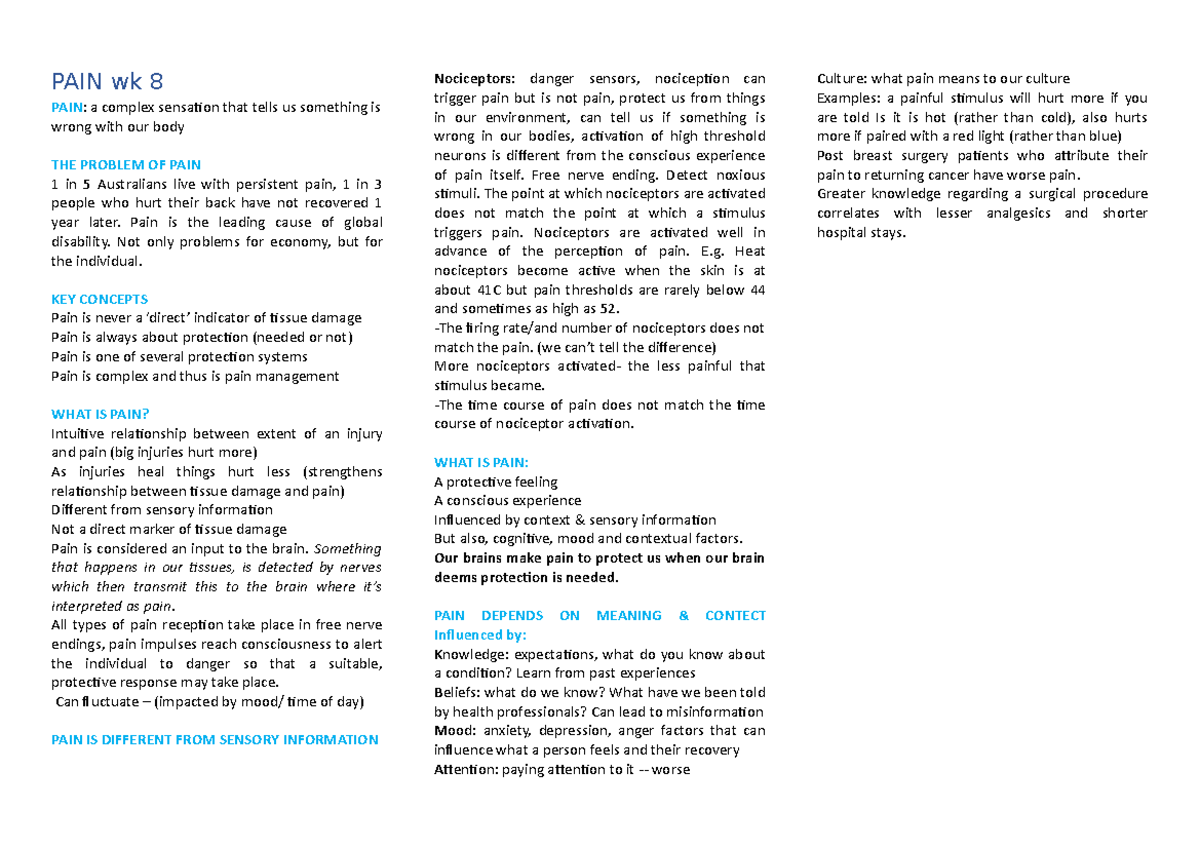 Pain wk 8 lecture notes - PAIN wk 8 PAIN: a complex sensation that ...