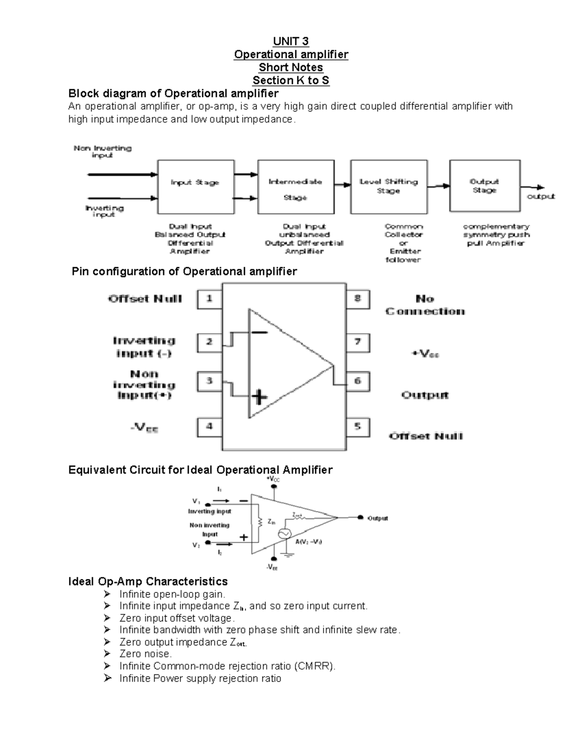 OpAmp Short Notes UNIT 3 Operational amplifier Short Notes Section K