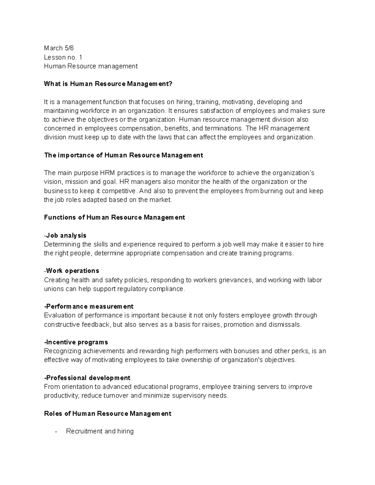 HRM-Lesson-1 - Lesson notes - March 5/ Lesson no. 1 Human Resource ...