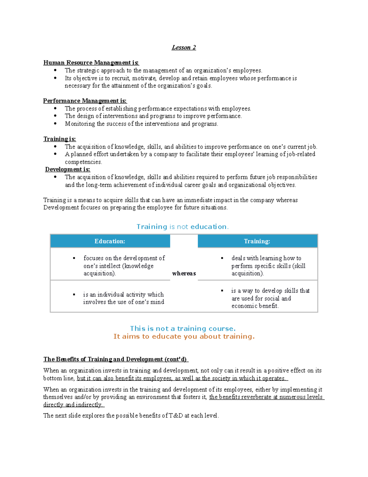 EDUC 240 Lesson 2 - NOTES - Lesson 2 Human Resource Management is: The ...