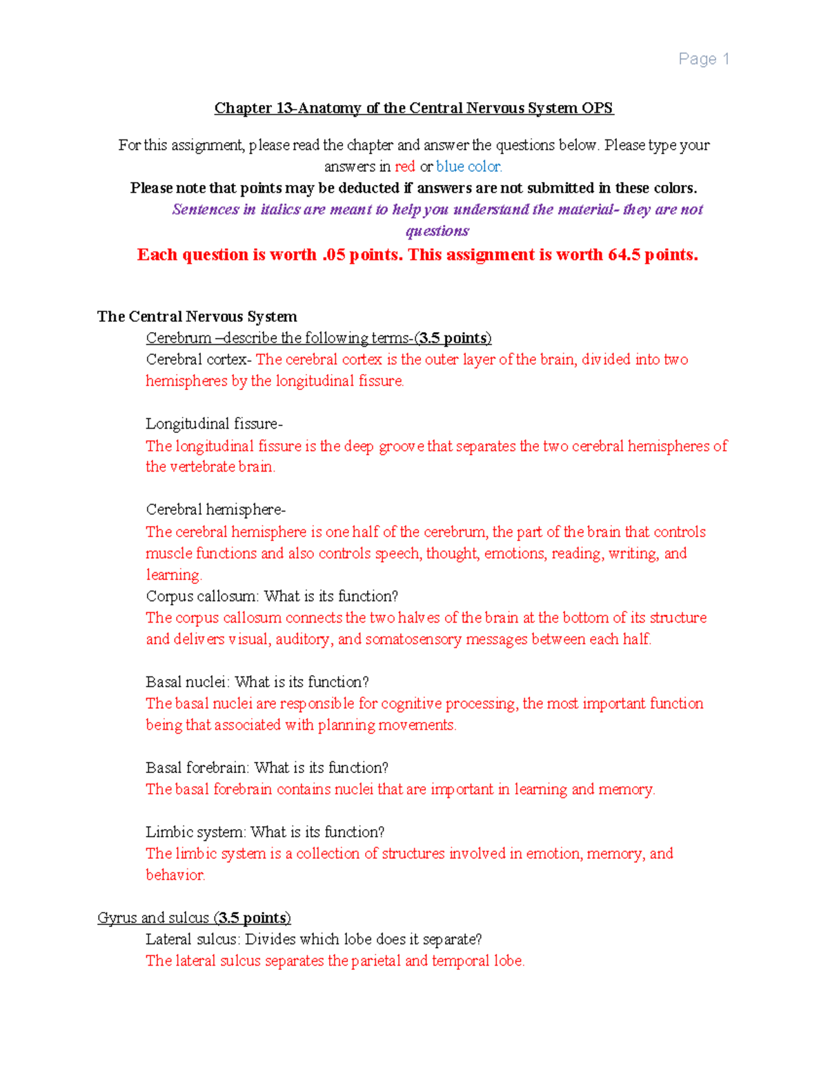 BIO 201 Chapter 13 Central Nervous System Assignment OPS - Chapter 13 ...