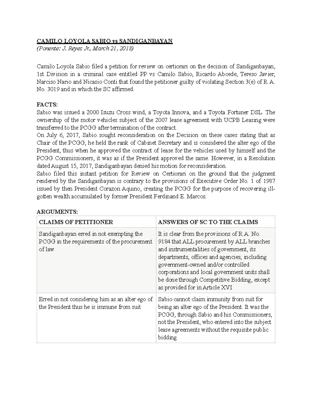 Uy vs Jacalan Digest CAMILO LOYOLA SABIO vs SANDIGANBAYAN (Ponente J