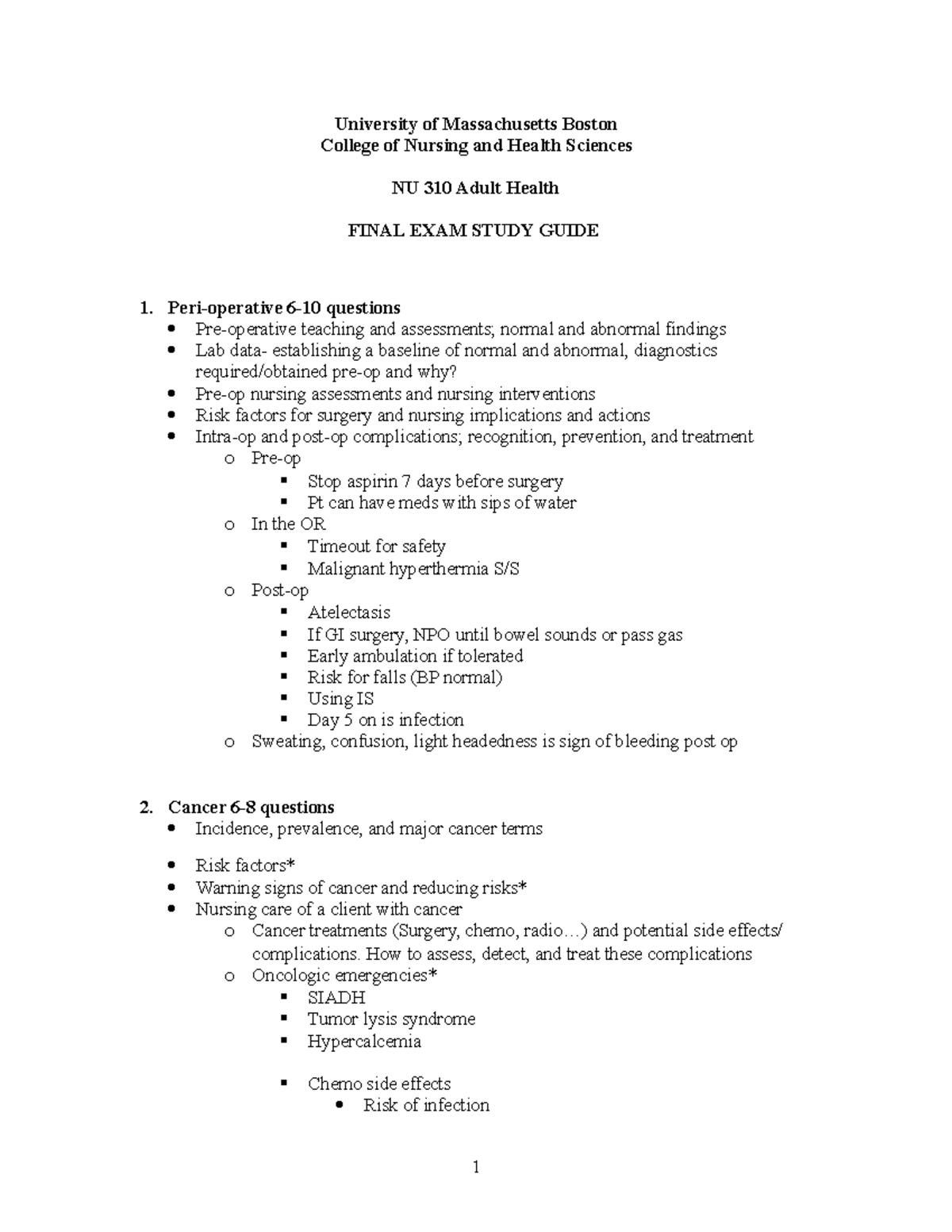 Adult Health Final Exam Study Guide University of Massachusetts