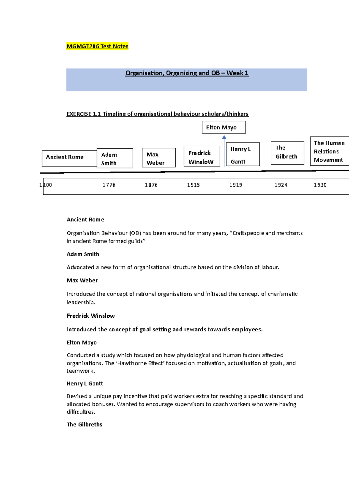 Mgmgt 206 Test Notes MGMGT206 Test Notes Organisation, Organizing and OB Week 1 EXERCISE 1