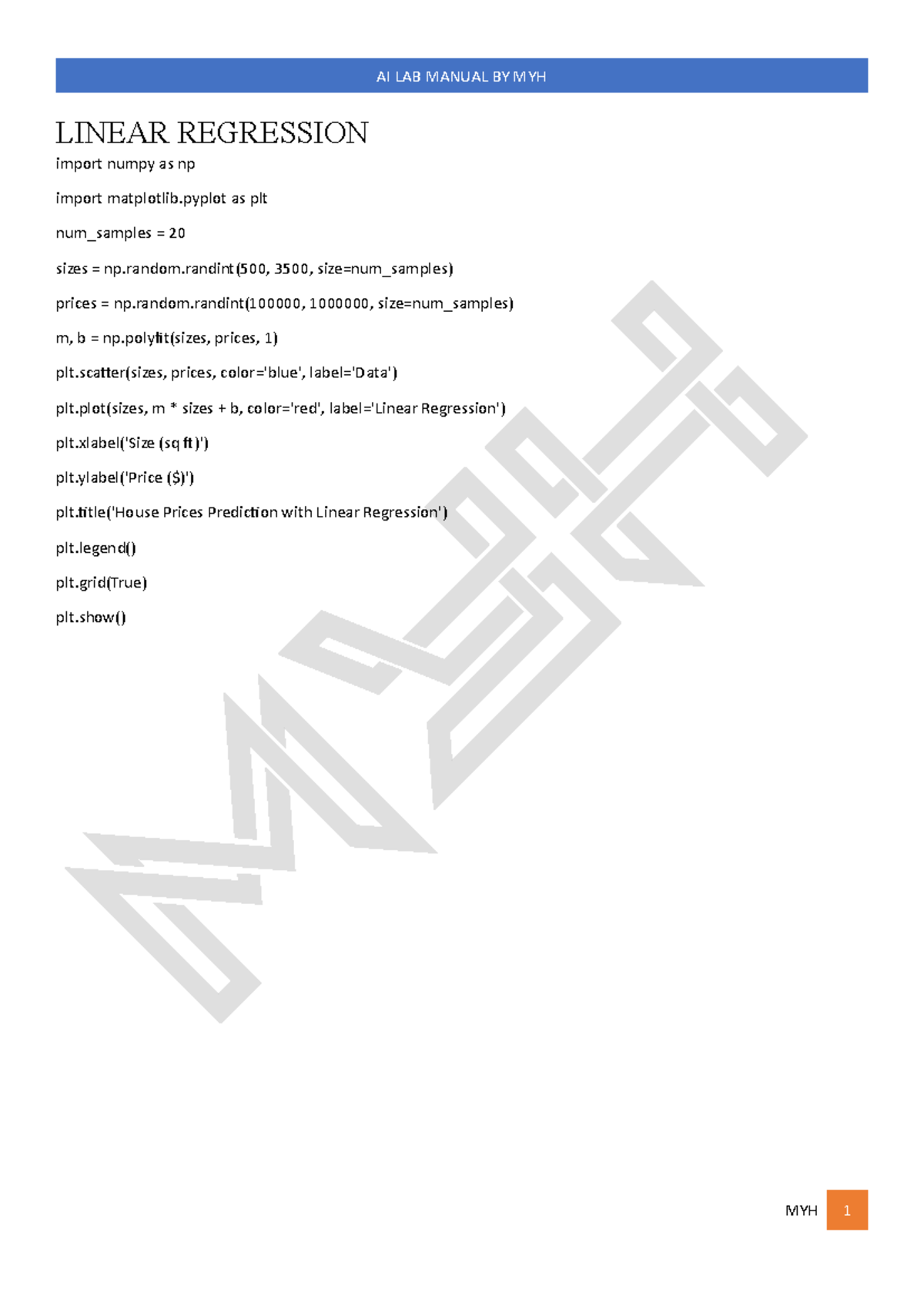 AI MYH - Summary BCA - LINEAR REGRESSION import numpy as np import ...