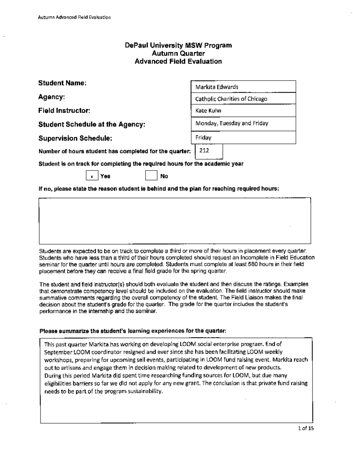 De Paul MSW Field Evaluation Autumn Quarter - MSW 591 - Studocu