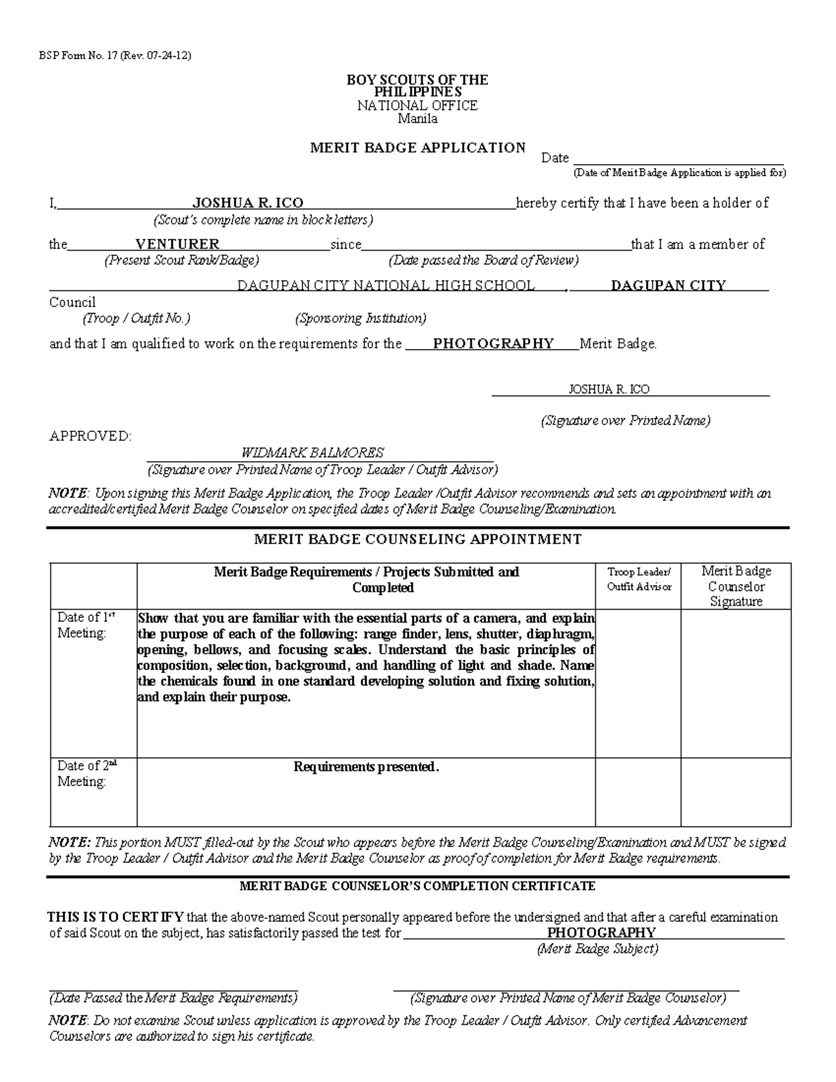 Photography Merit Badge - Joshua - BSP Form No. 17 (Rev. 07-24-12) BOY ...