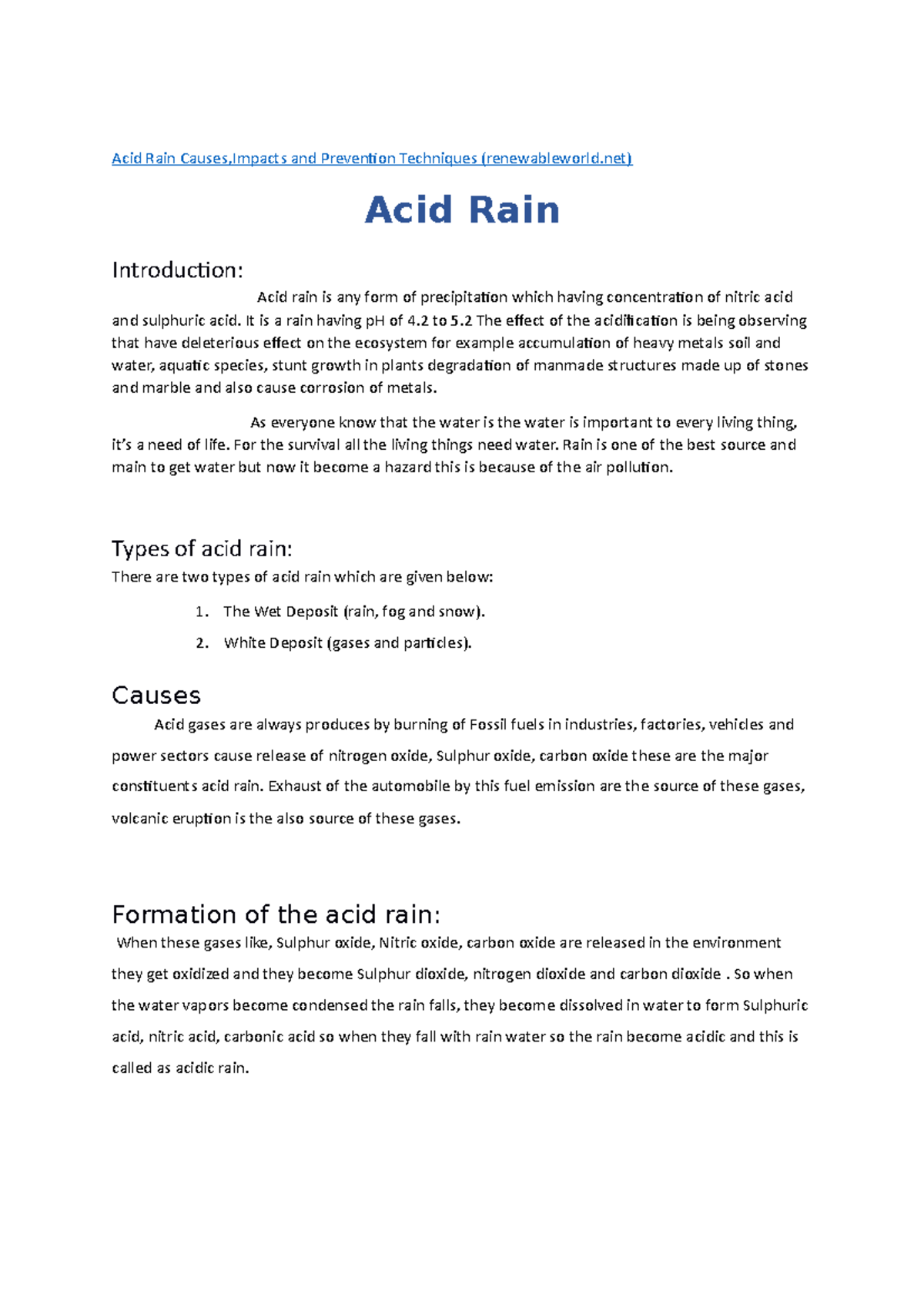 Acid Rain - Acid rain is basically harmful for living organisms. It is ...