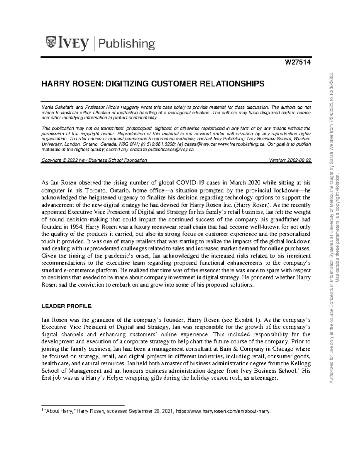 Harry Rosen W HARRY ROSEN DIGITIZING CUSTOMER RELATIONSHIPS Vania