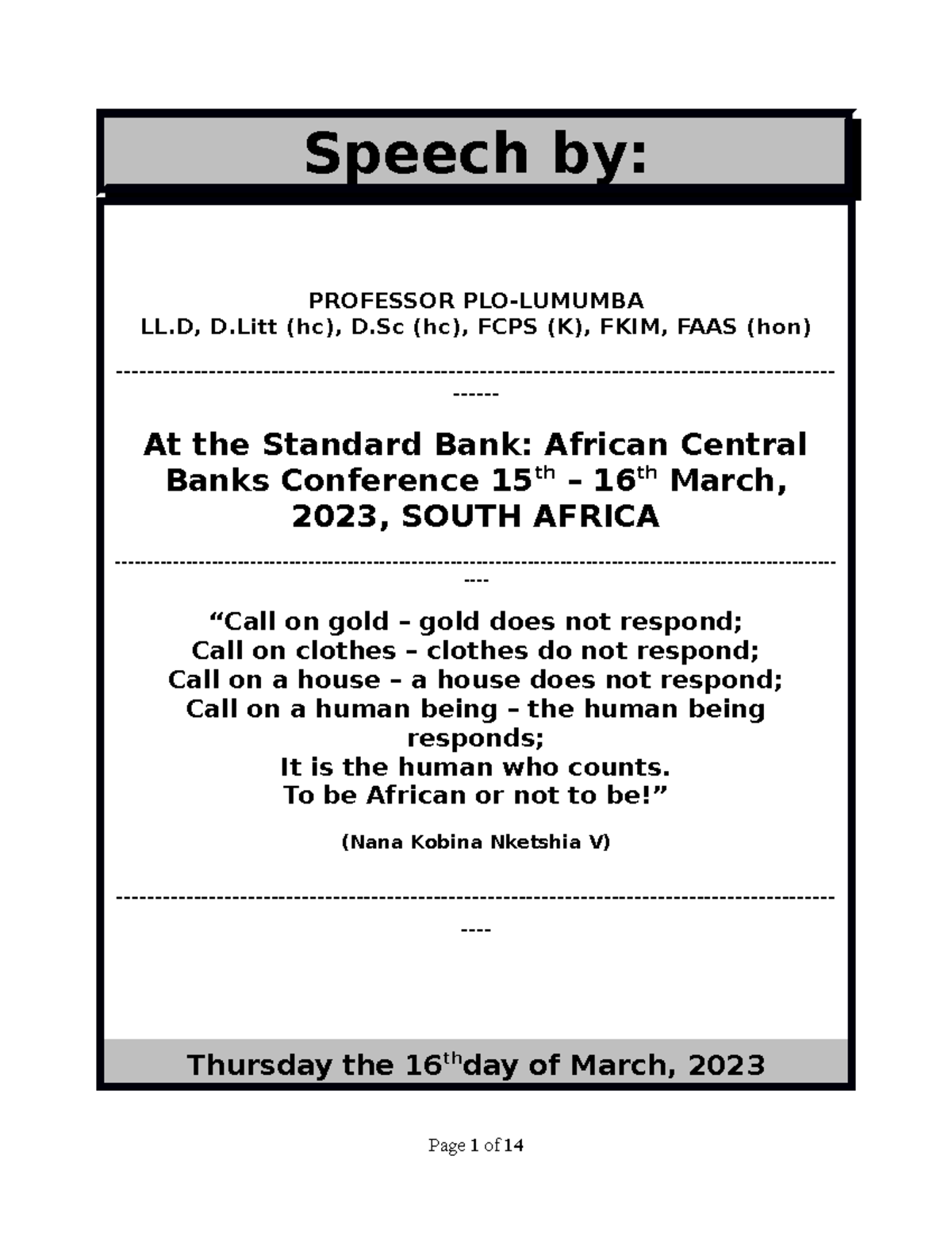 African Central Banks Conference Speech - South Africa - Speech by ...