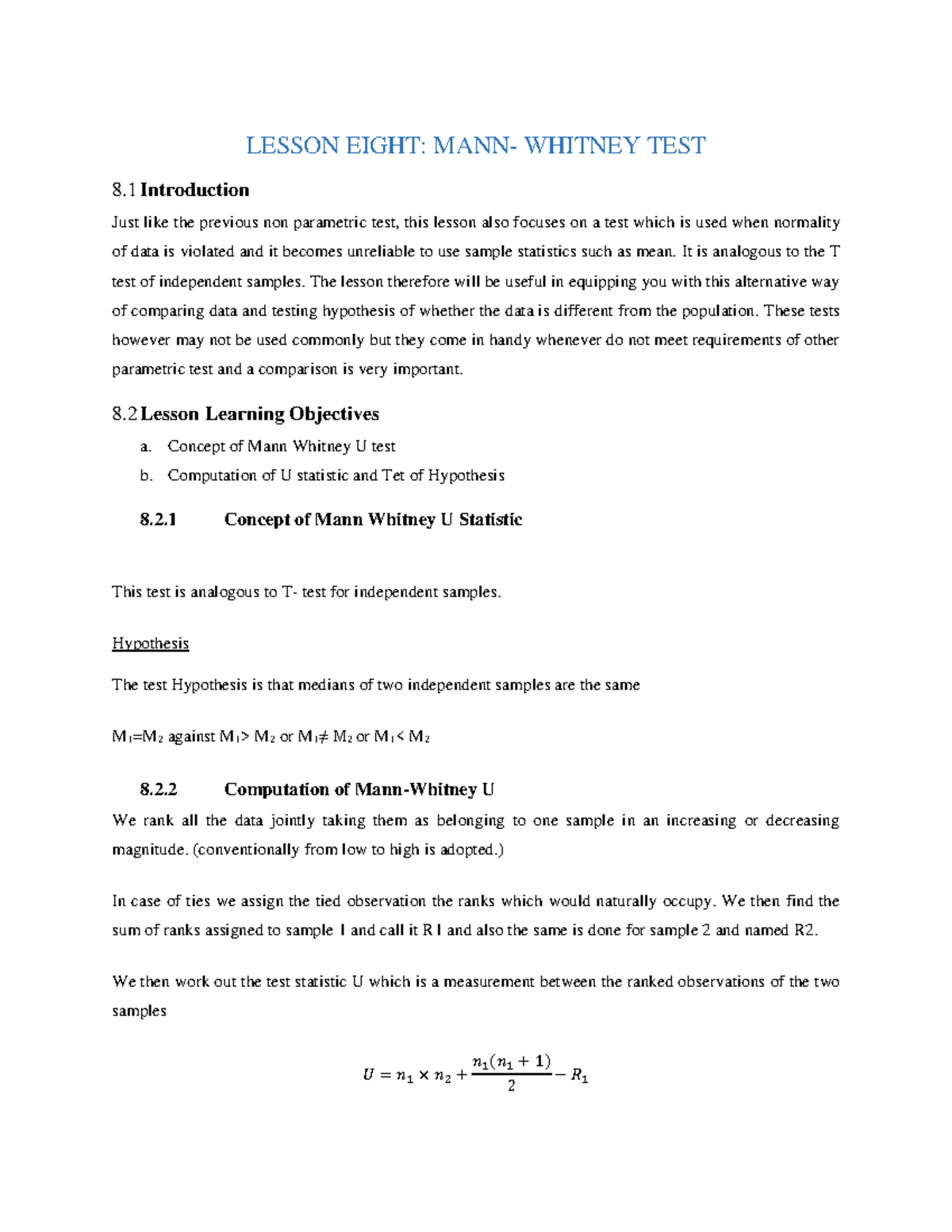 Mann Whitney Test - Management of resources - LESSON EIGHT: MANN ...